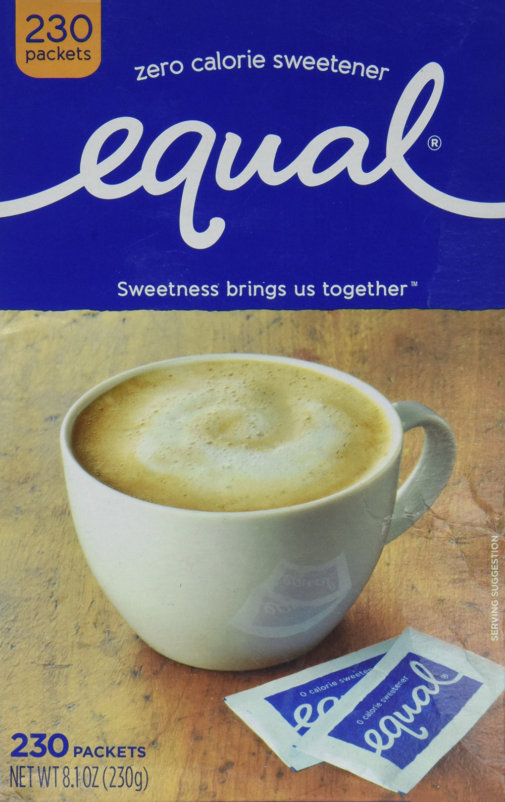 Equal zero calories sweetener packets beside a coffee cup for daily use.