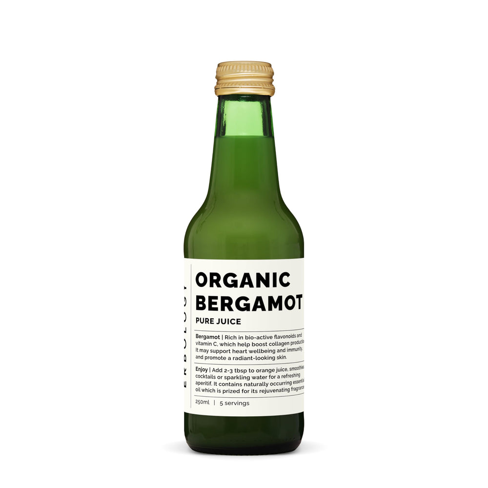 Erbology bergamot juice bottle shows clean label and organic origin, rich in vitamin C