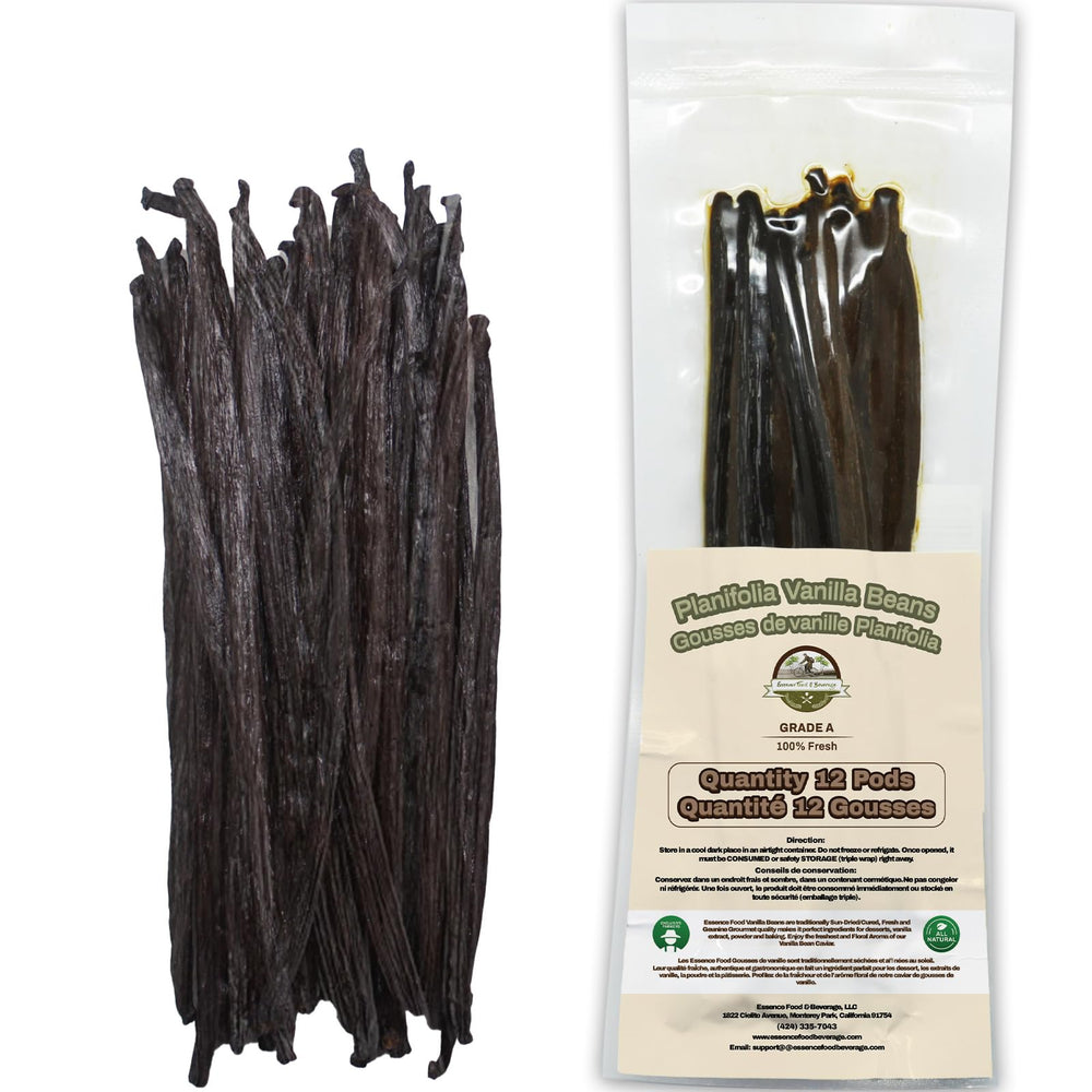 ESSENCE Vanilla beans 6-8 inch close-up mostrando textura jugosa para aroma intenso