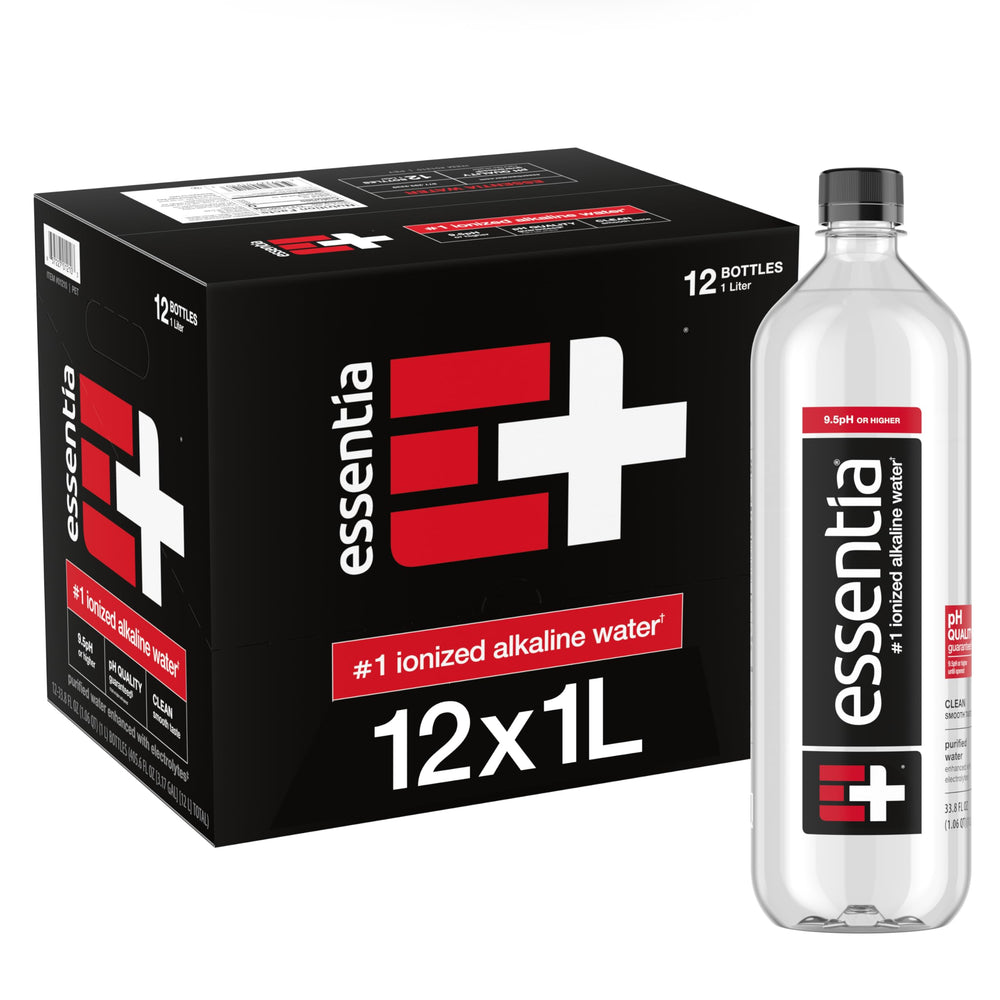Essentia Water 12-pack 1L bottles for steady hydration at home or on the go.