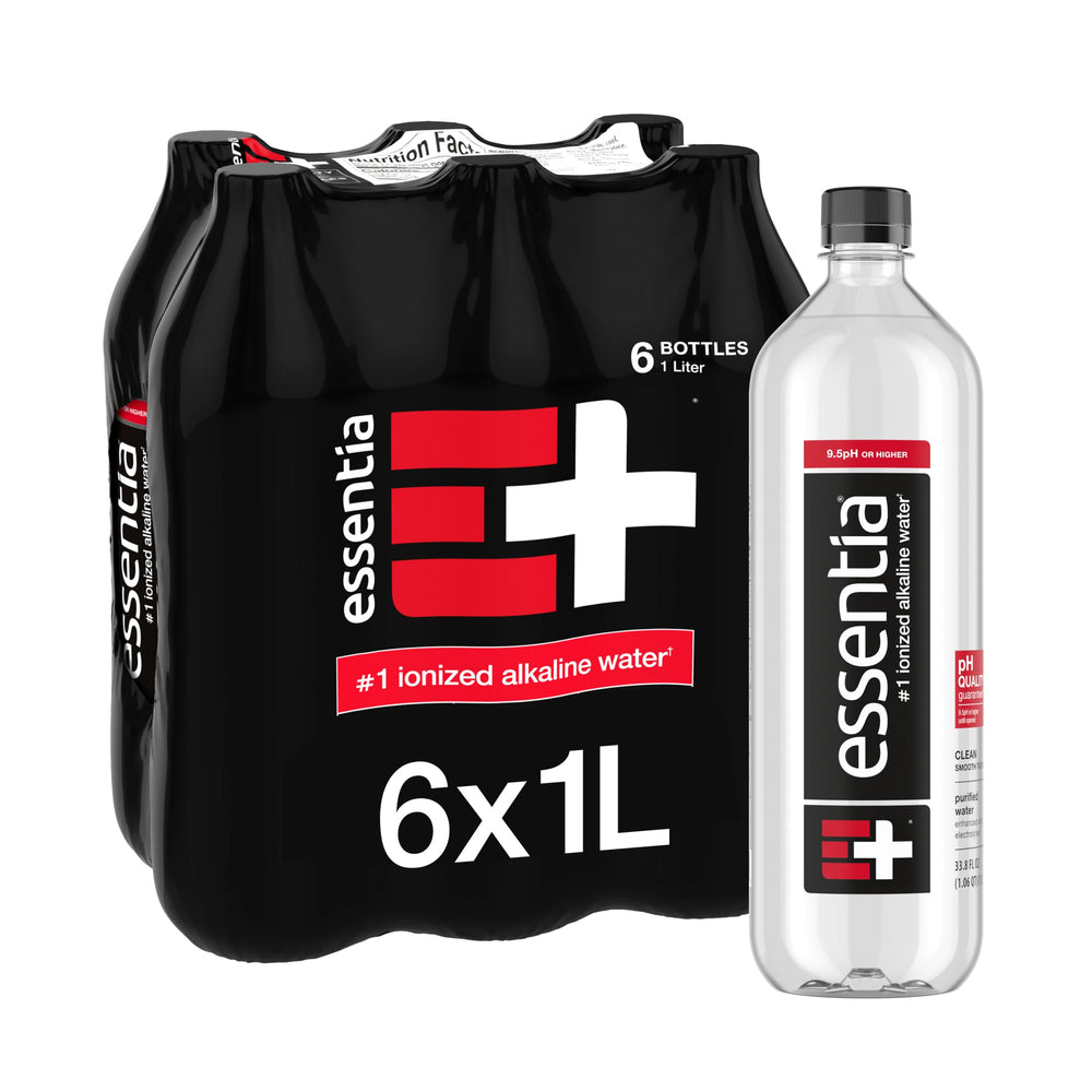 Essentia Water 1L bottles in a six-pack for convenient home and office hydration.