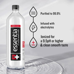 Essentia Water bottle on desk ready for daily hydration.