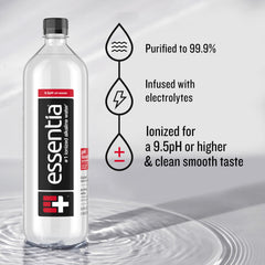 Essentia Water electrolyte-infused label highlights enhanced flavor and balance.