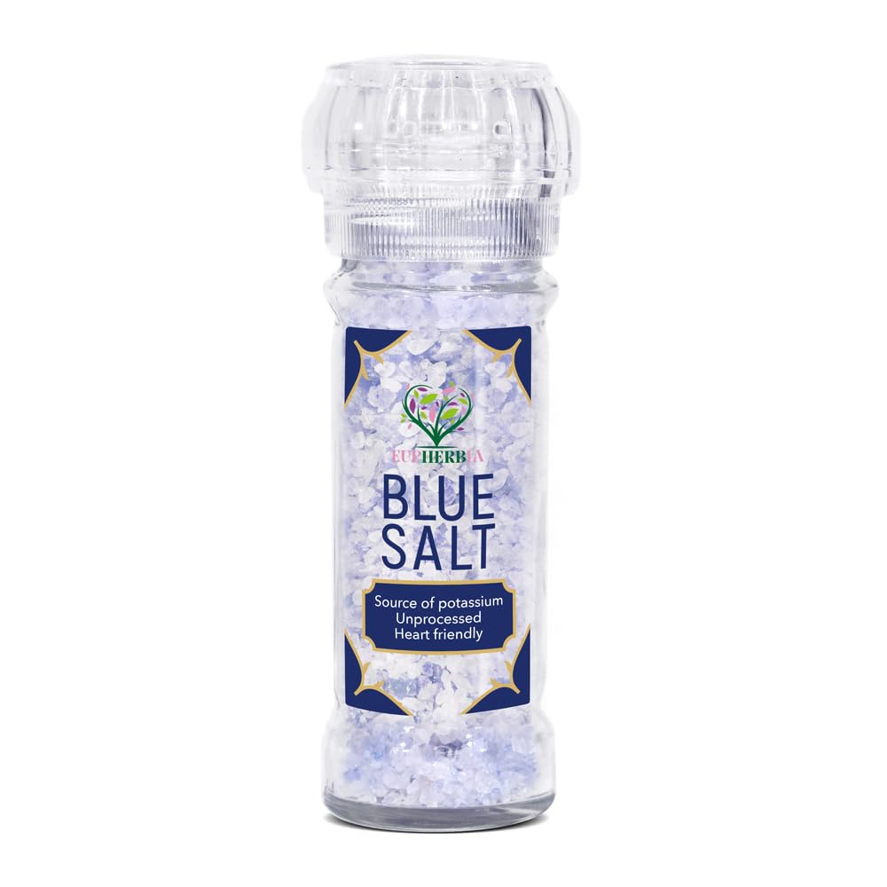 Eupherbia Blue Salt crystals in a bottle, perfect for finishing dishes.