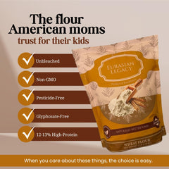Eurasian Legacy Unbleached wheat flour texture close-up for natural flavor.