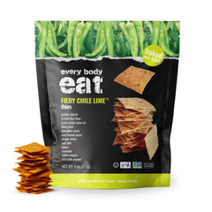 Every Body Eat Fiery Chile Lime Cracker Thins in a pack, bold gluten-free snack.