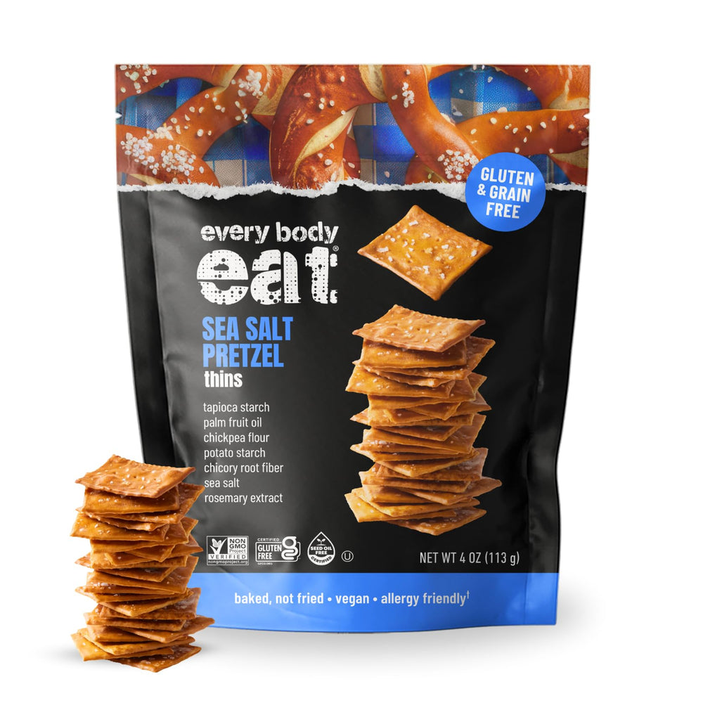 Every Body Eat Snack Pretzel Thins gluten-free pack delivers a crisp lunchbox crunch.