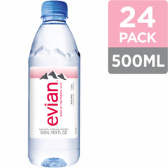 evian bottle pour into glass highlights crisp, naturally balanced flavor