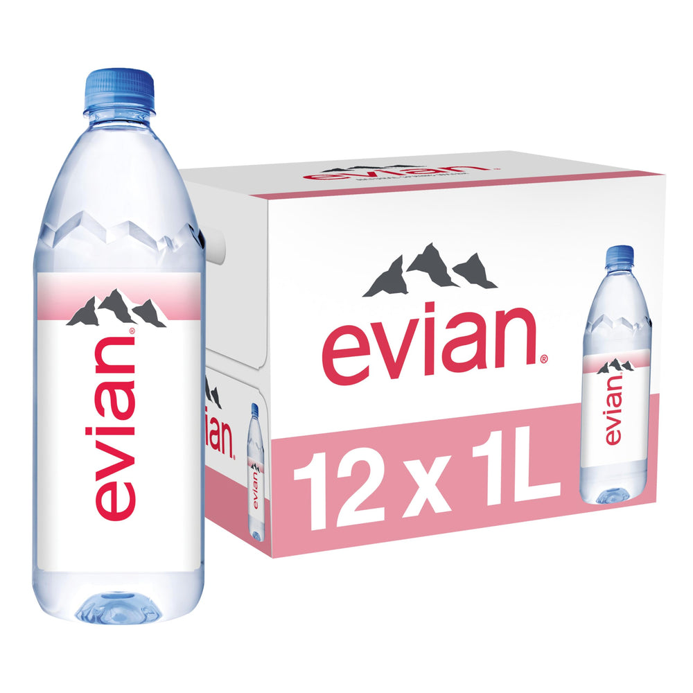 Evian natural spring water 1L bottle with glass for everyday hydration.
