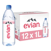 Evian natural spring water 1L bottle with glass for everyday hydration.