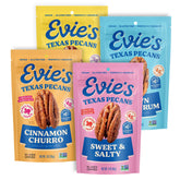 Evie's Pecans variety pack front view for on-the-go snacking.