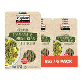 Explore Cuisine edamame-mung bean fettuccine pack six, convenient organic pasta for pantry meals.