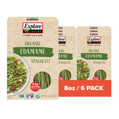 Explore Cuisine Organic Edamame Spaghetti packaging showing gluten-free and protein-rich pasta