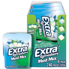 Extra Refreshers Mint Mix Gum bottle on shelf for convenient on-the-go freshness.