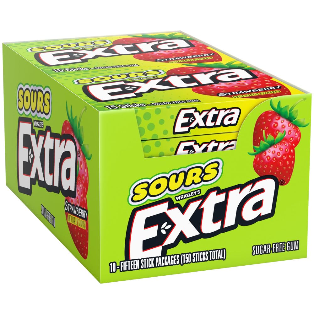 Extra Sours Strawberry gum pack close-up for on-the-go breath refresh.