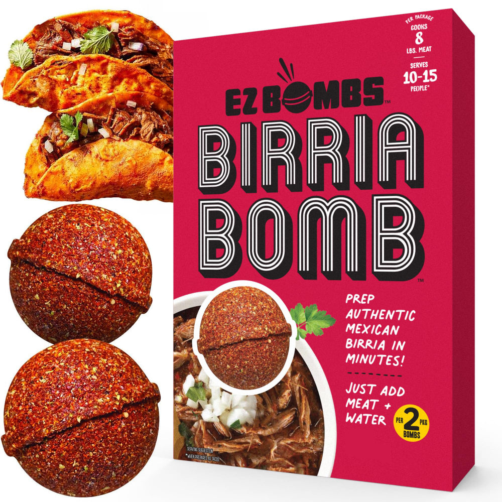 EZ Bombs Birria Bomb pack shot highlights quick, flavorful spice mix for meals