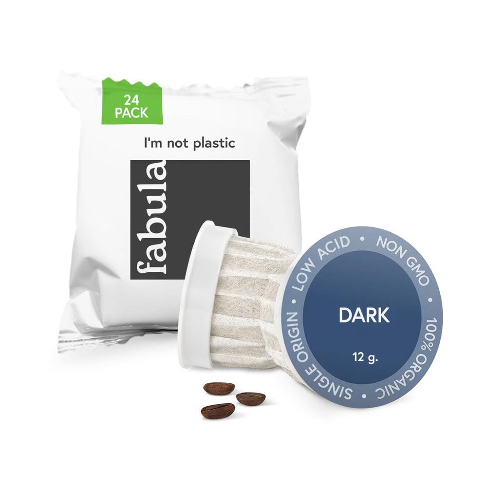 Fabula Dark Roast pods in an airtight pouch preserving freshness for longer brews