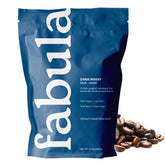 Fabula Dark Roast whole beans in bag showing organic, single-origin flavor and low acidity.
