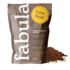 Fabula Low-Acid Coffee bag front showing organic, mold-free grounds for sensitive systems