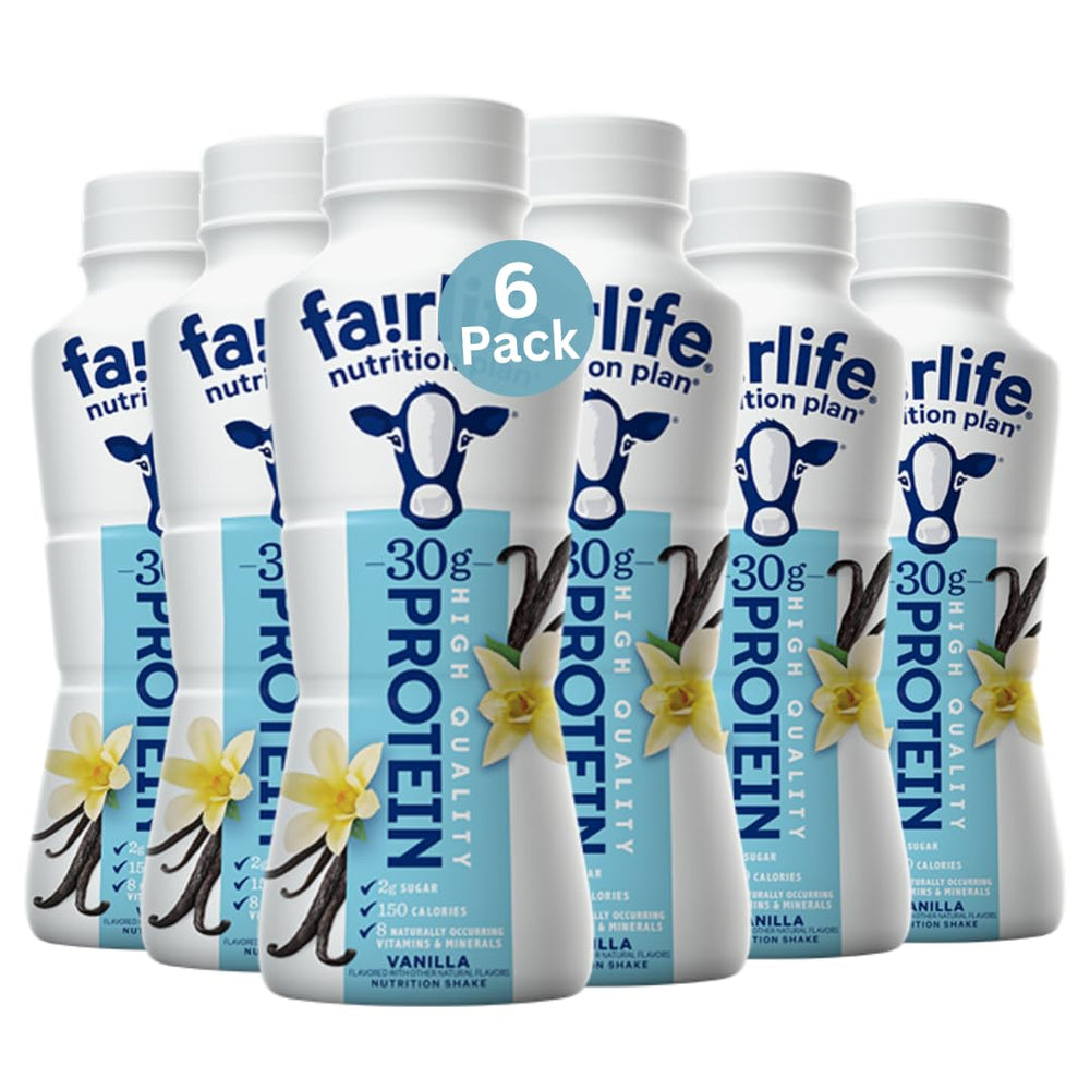 FairIife Nutrition Plan vanilla high-protein shake pour, convenient protein boost for on-the-go workouts.