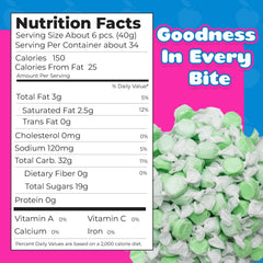 Closeup of individually wrapped Fairtime Green Apple Taffy pieces, easy gifting.