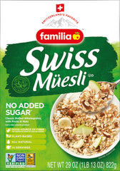 Familia no-sugar-added Swiss Muesli packaging emphasizes natural sweetness.