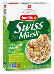 Familia Swiss Muesli bowl with raisins and nuts for a wholesome breakfast.