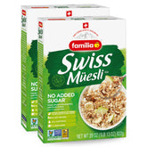 Familia Swiss Muesli box front shows no added sugar and whole grains.