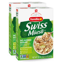 Familia Swiss Muesli box front shows no added sugar and whole grains.