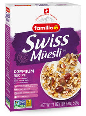 Familia Swiss Muesli ingredients—nuts, seeds, and raisins—for a wholesome texture.