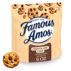 Famous Amos classic chocolate chip cookies close-up, crunchy bite-size treats perfect for sharing.
