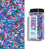 Fancy Sprinkles Deluxe Rainbow Crunchy Jimmies bottle adds vibrant color and crisp texture.