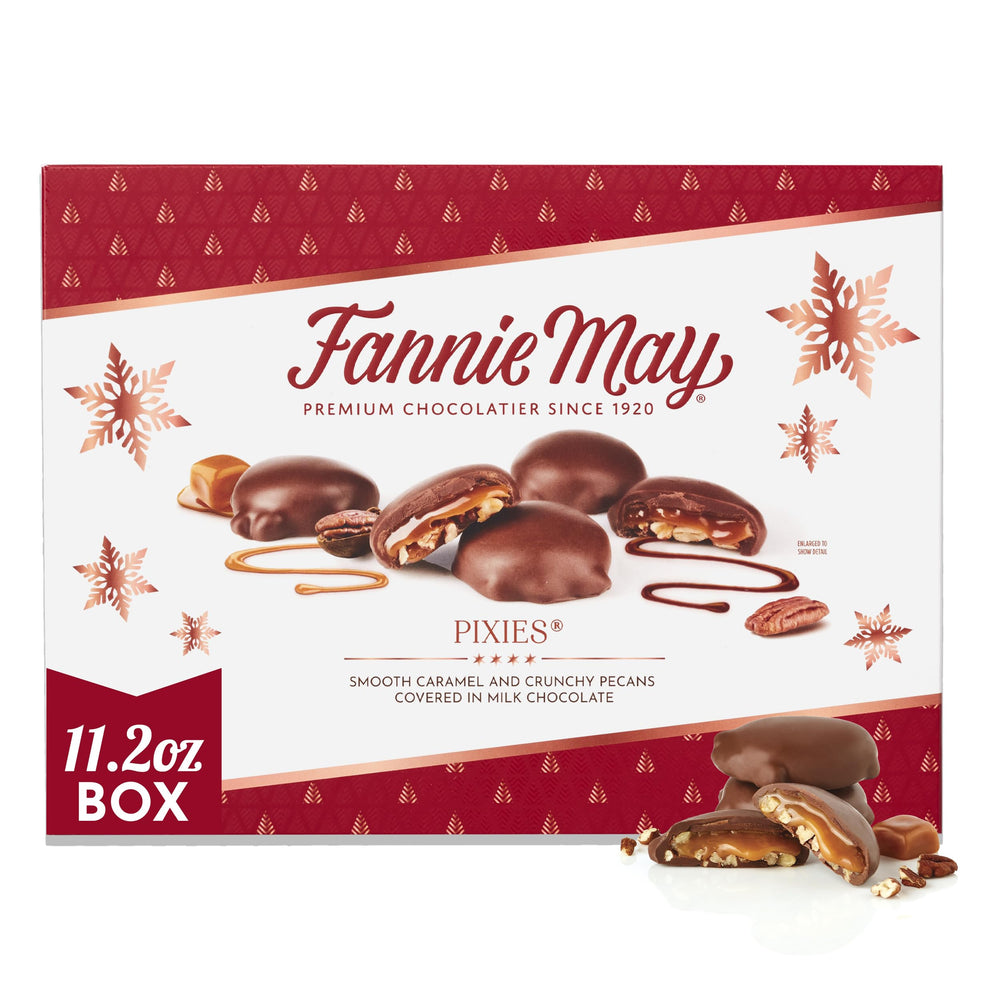 Fannie May Pixies inside view with caramel and pecan milk chocolate.