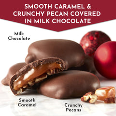 Close-up of milk chocolate, caramel, and pecans in Pixies.