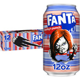 Fanta Fruit Punch Chucky's Punch can front label, caffeine-free refresher for Halloween parties.