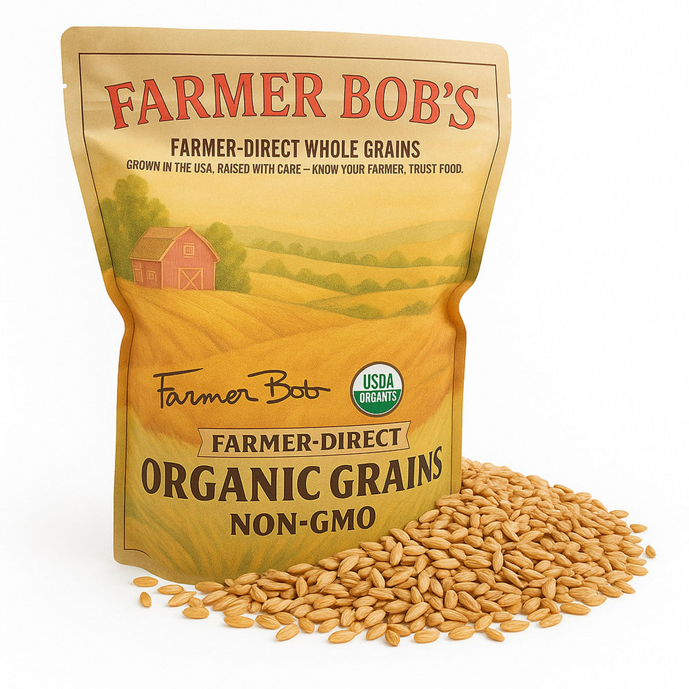 Farmer Bob's Oat Groats in a fresh organic raw bag for pantry storage