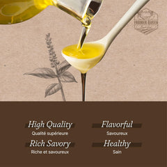Close-up of Farmer Queen Perilla Oil label highlighting quality and omega-rich profile.