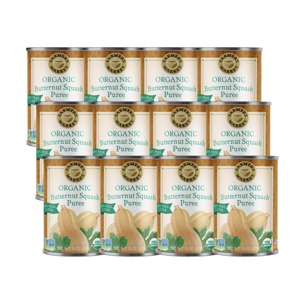 Farmers Market butternut squash puree packaging highlights bulk storage convenience.