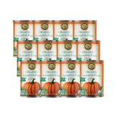 Farmers Market Organic Pumpkin Puree 12-pack in pantry ready for baking.