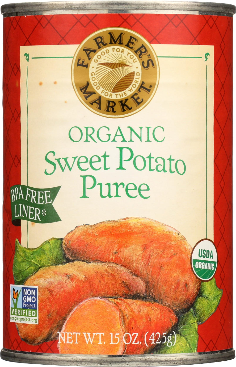 FARMER'S MARKET Organic Potato Sweet Puree label showing organic quality for baking