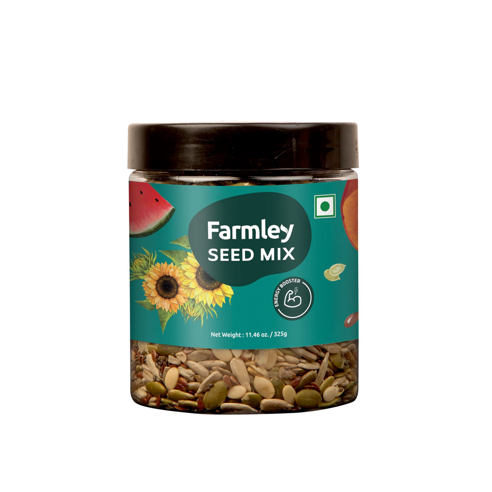 Farmley Raw Superfood Seed Mix in a jar for convenient nutrition on the go.
