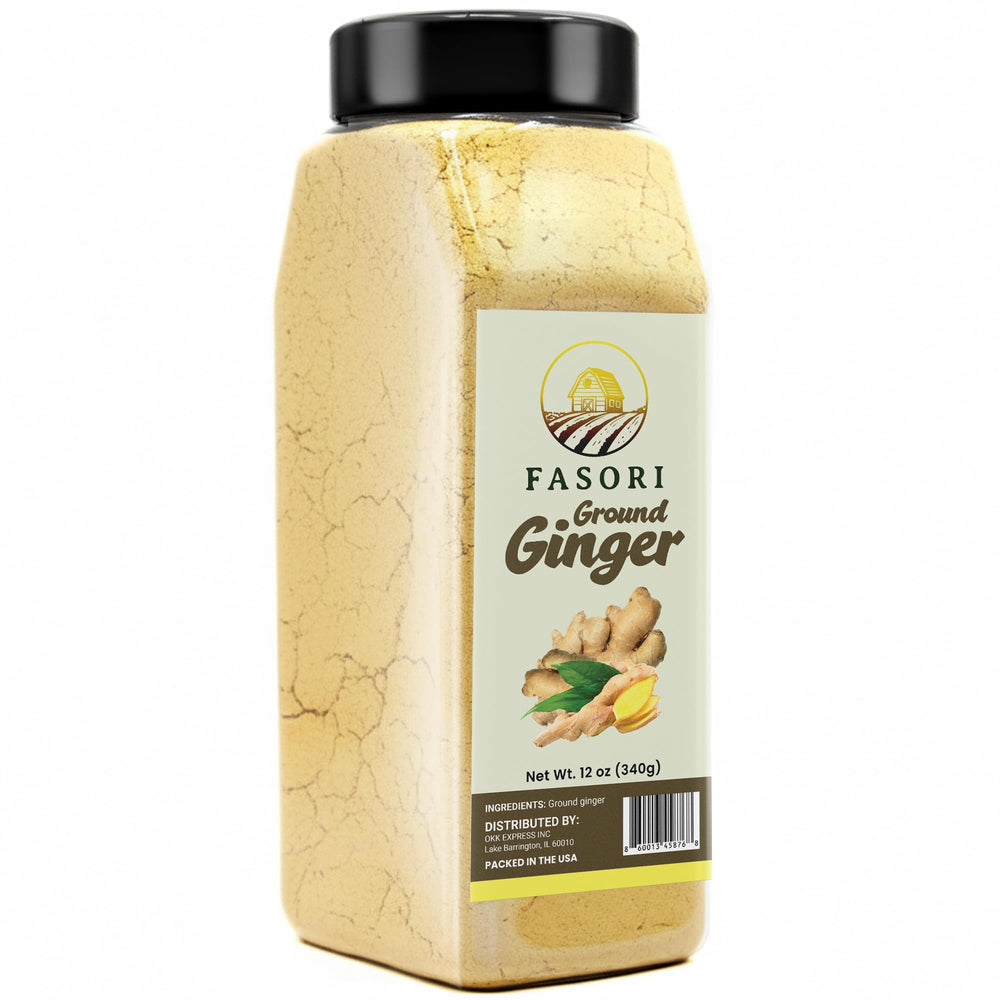 Fasori ground ginger powder jar closeup highlighting fresh aroma and premium quality for cooking