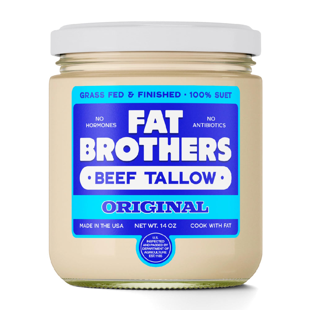 Fat Brothers Original Grass-Fed Beef Tallow jar on counter for versatile cooking