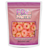 FD Pantry freeze-dried peach rings close-up reveals crisp texture and vibrant fruit flavor.