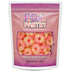 FD Pantry freeze-dried peach rings close-up reveals crisp texture and vibrant fruit flavor.