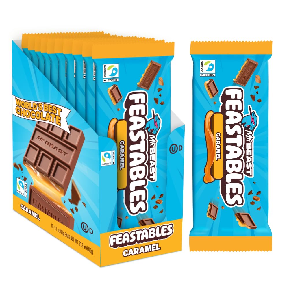 Feastables MrBeast caramel bar pack ready to share