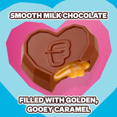 Cross-section view of Feastables MrBeast caramel heart cups revealing golden caramel filling