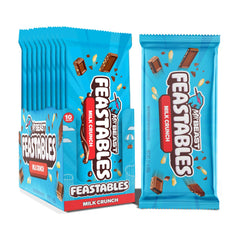 Feastables MrBeast Milk Chocolate Crunch Bar packaging highlights king size shareability and premium cocoa