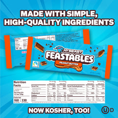 Cross-section of Feastables MrBeast peanut butter milk chocolate bar showing creamy swirl.