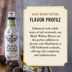 Fee Brothers Black Walnut bottle with cocktail in a glass showing aroma.